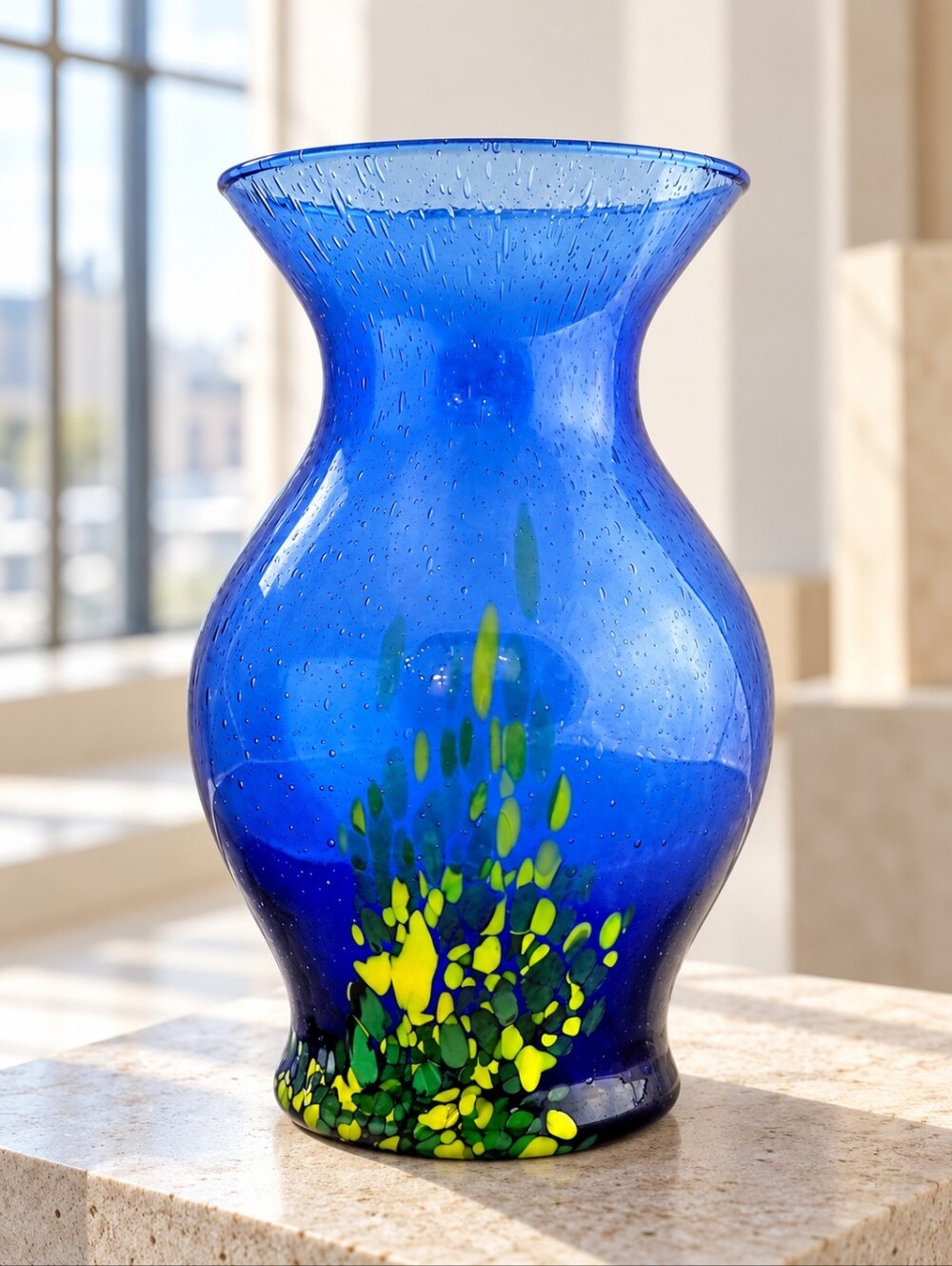 Cobalt Blue Art Glass Vase Yellow Green Abstract Bubble Glass 8"